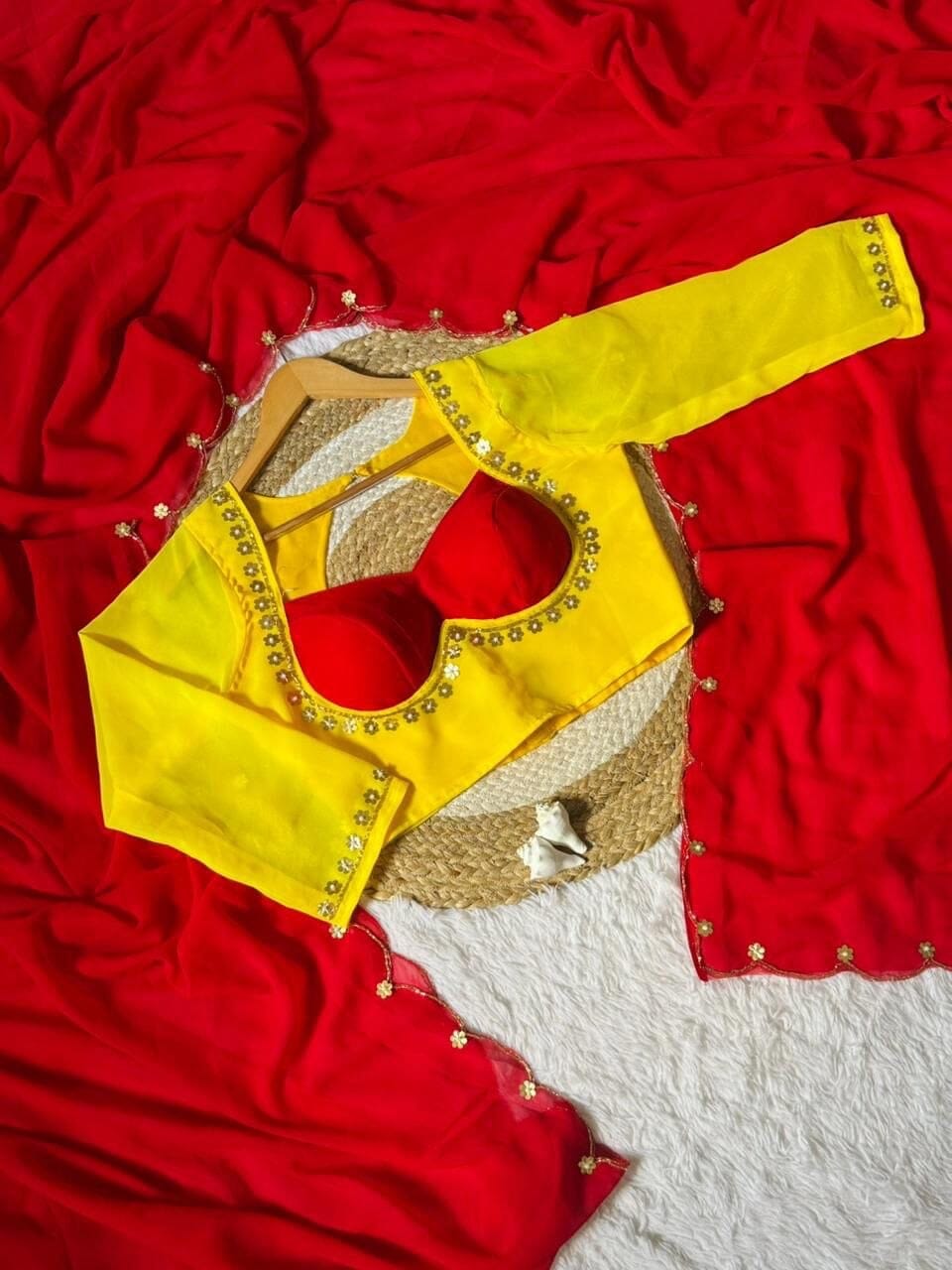Sabhyasachi Designer Madhubala Readymade Yellow Blouse Red with Georgette Handworked Saree Readymade Blouse Shopin Di Apparels 
