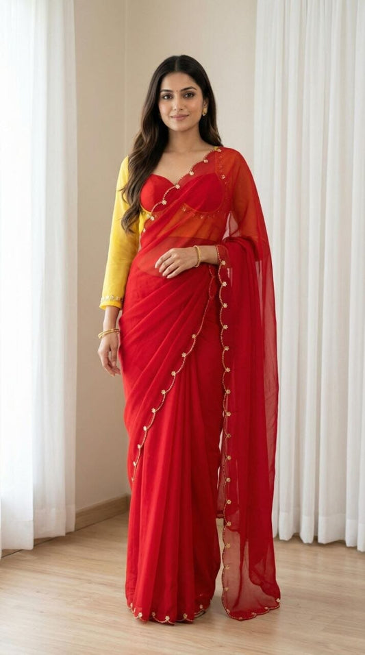 Sabhyasachi Designer Madhubala Readymade Yellow Blouse Red with Georgette Handworked Saree Readymade Blouse Shopin Di Apparels 