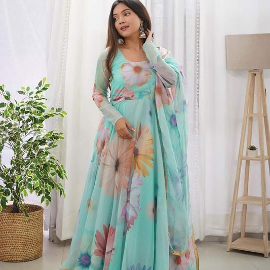 Sky Blue Big Flower Floral Printed Georgette Gown with Dupatta Gown with Dupatta Shopin Di Apparels 