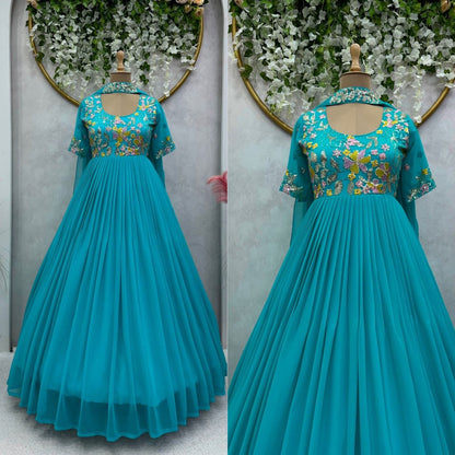 Sky Blue Designer Embroidered Flair Anarkali Gown with Dupatta Gown with Dupatta Shopin Di Apparels 
