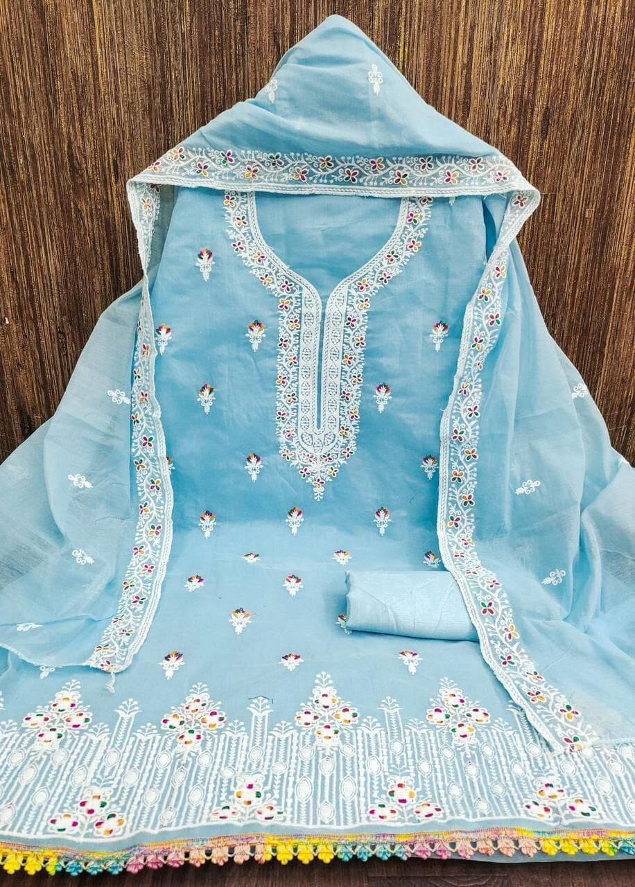 Sky Blue Heavy Chanderi Neck Embroidery Dress Material Dress Material Shopin Di Apparels 