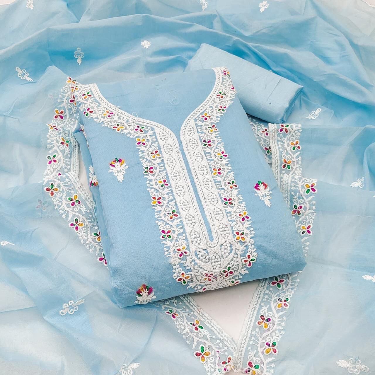 Sky Blue Heavy Chanderi Neck Embroidery Dress Material Dress Material Shopin Di Apparels 