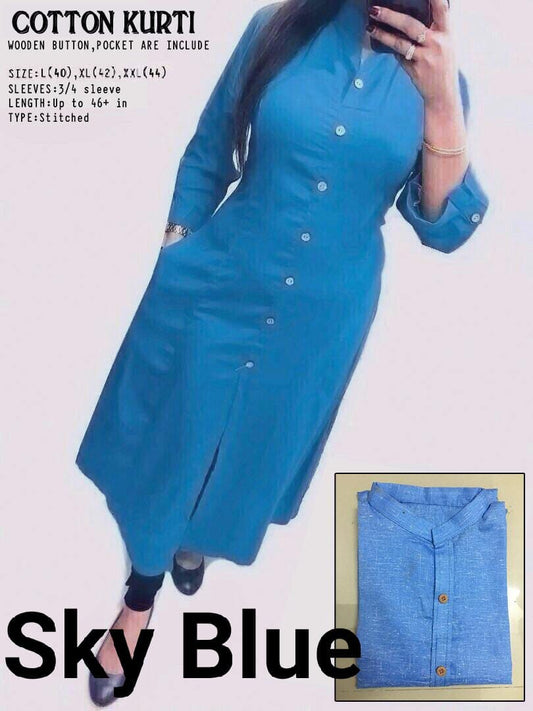 Sky Blue Plain Collar Cotton Kurti with Button and Pockets Kurti Shopin Di Apparels