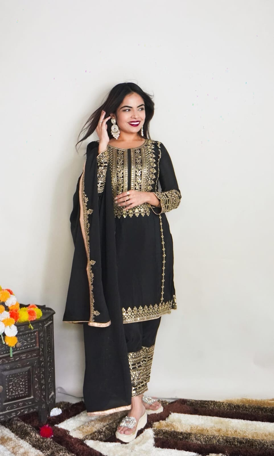 SRK 5151 Black Pure Chinnon Silk Sequence work Straight Cut Readymade Suit Ready Made Designer Suits Shopin Di Apparels 