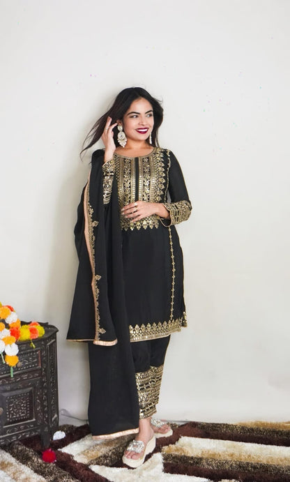 SRK 5151 Black Pure Chinnon Silk Sequence work Straight Cut Readymade Suit Ready Made Designer Suits Shopin Di Apparels 