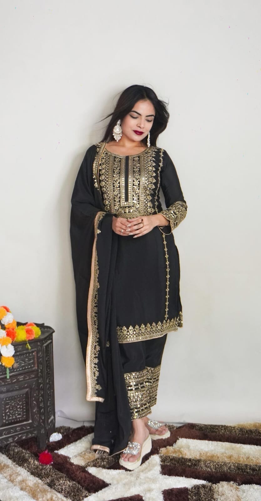SRK 5151 Black Pure Chinnon Silk Sequence work Straight Cut Readymade Suit Ready Made Designer Suits Shopin Di Apparels 
