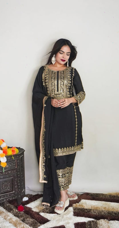SRK 5151 Black Pure Chinnon Silk Sequence work Straight Cut Readymade Suit Ready Made Designer Suits Shopin Di Apparels 