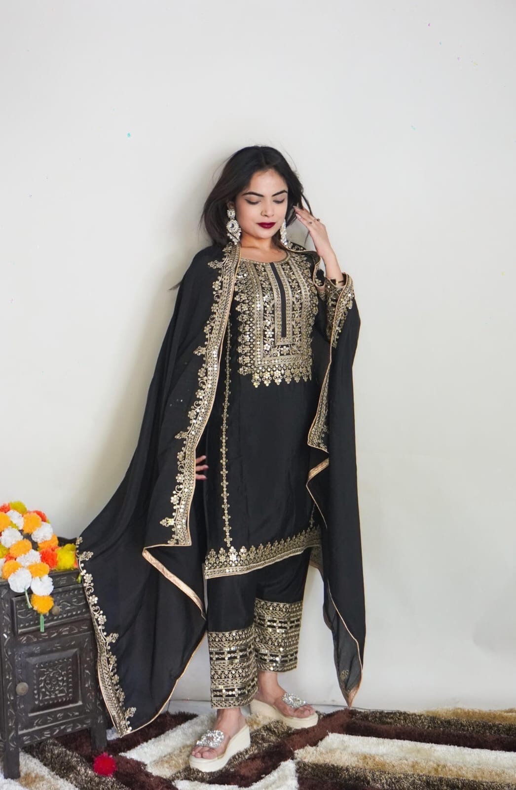 SRK 5151 Black Pure Chinnon Silk Sequence work Straight Cut Readymade Suit Ready Made Designer Suits Shopin Di Apparels 