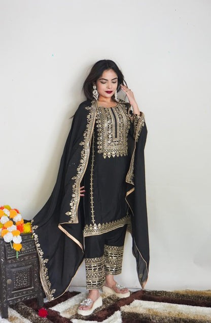 SRK 5151 Black Pure Chinnon Silk Sequence work Straight Cut Readymade Suit Ready Made Designer Suits Shopin Di Apparels 