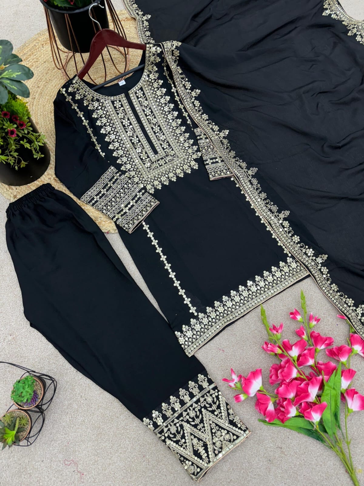 SRK 5151 Black Pure Chinnon Silk Sequence work Straight Cut Readymade Suit Ready Made Designer Suits Shopin Di Apparels 
