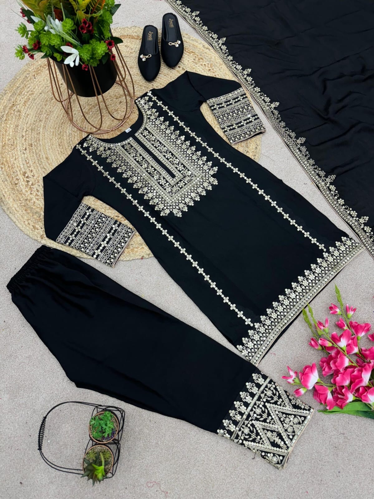 SRK 5151 Black Pure Chinnon Silk Sequence work Straight Cut Readymade Suit Ready Made Designer Suits Shopin Di Apparels 