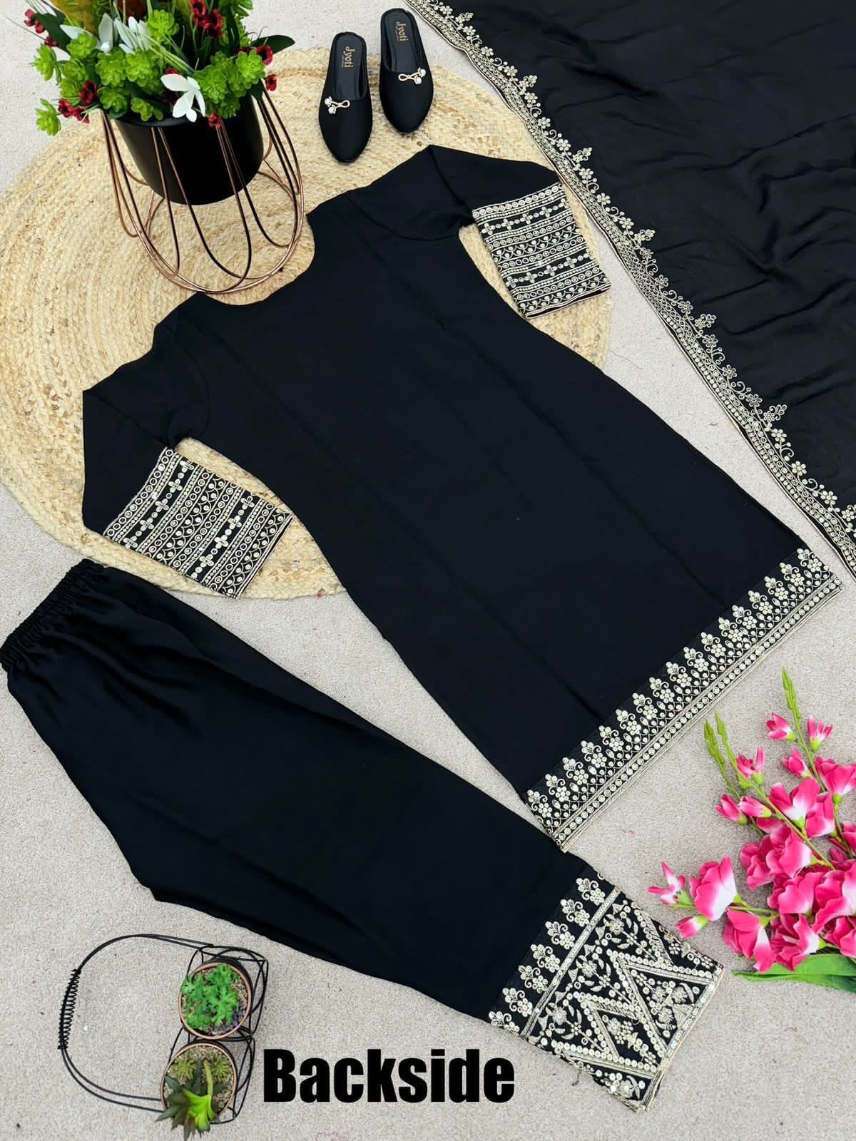SRK 5151 Black Pure Chinnon Silk Sequence work Straight Cut Readymade Suit Ready Made Designer Suits Shopin Di Apparels 