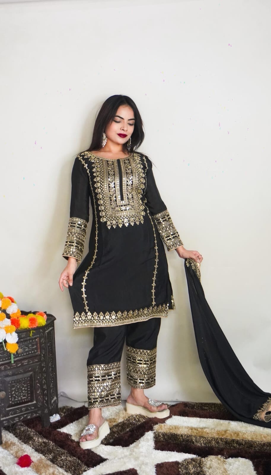 SRK 5151 Black Pure Chinnon Silk Sequence work Straight Cut Readymade Suit Ready Made Designer Suits Shopin Di Apparels 