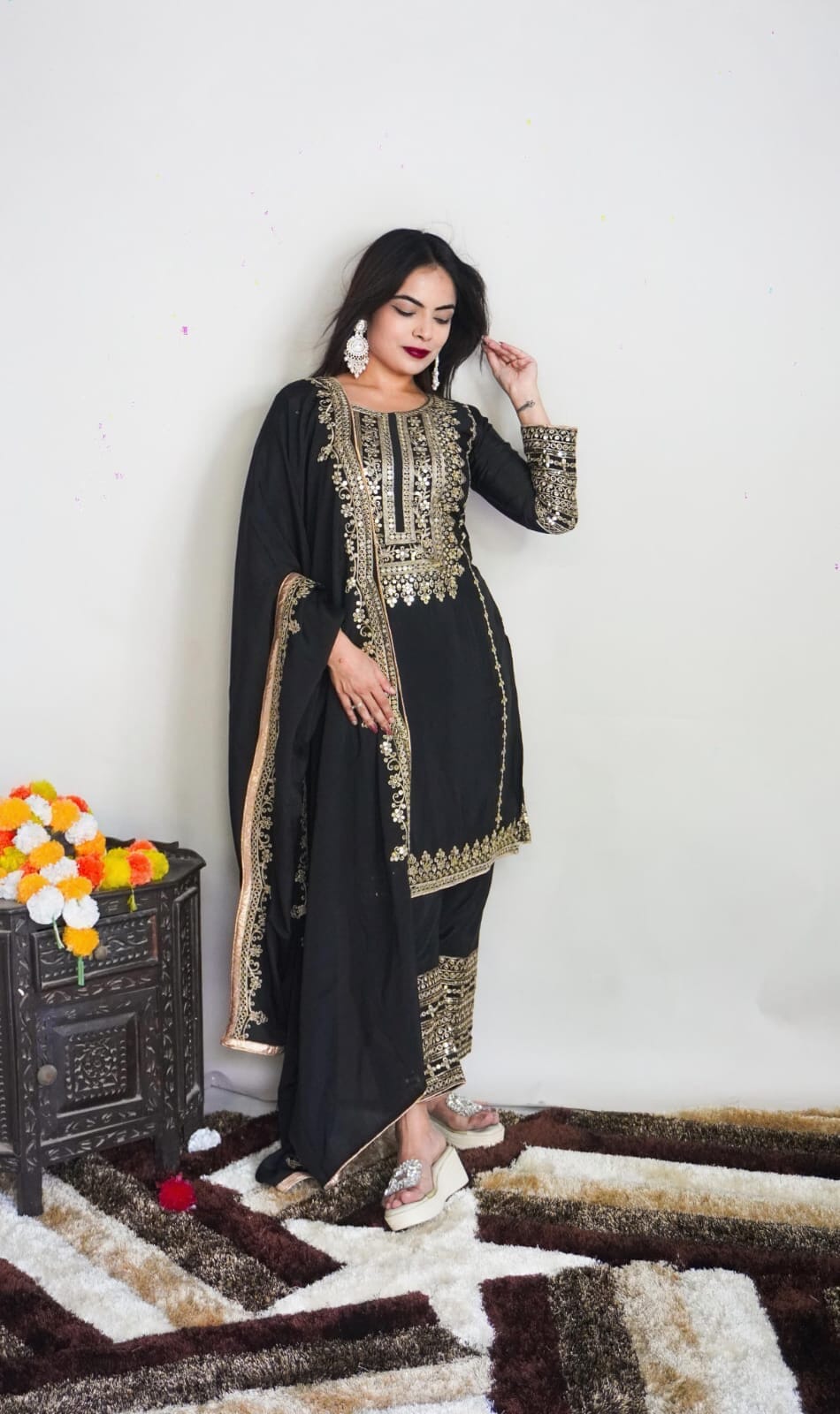 SRK 5151 Black Pure Chinnon Silk Sequence work Straight Cut Readymade Suit Ready Made Designer Suits Shopin Di Apparels 