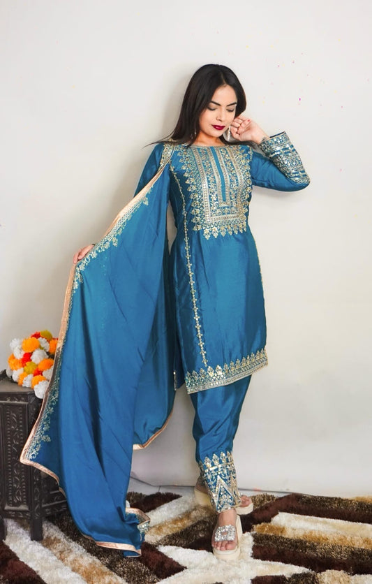SRK 5151 Blue Pure Chinnon Silk Sequence work Straight Cut Readymade Suit Ready Made Designer Suits Shopin Di Apparels 