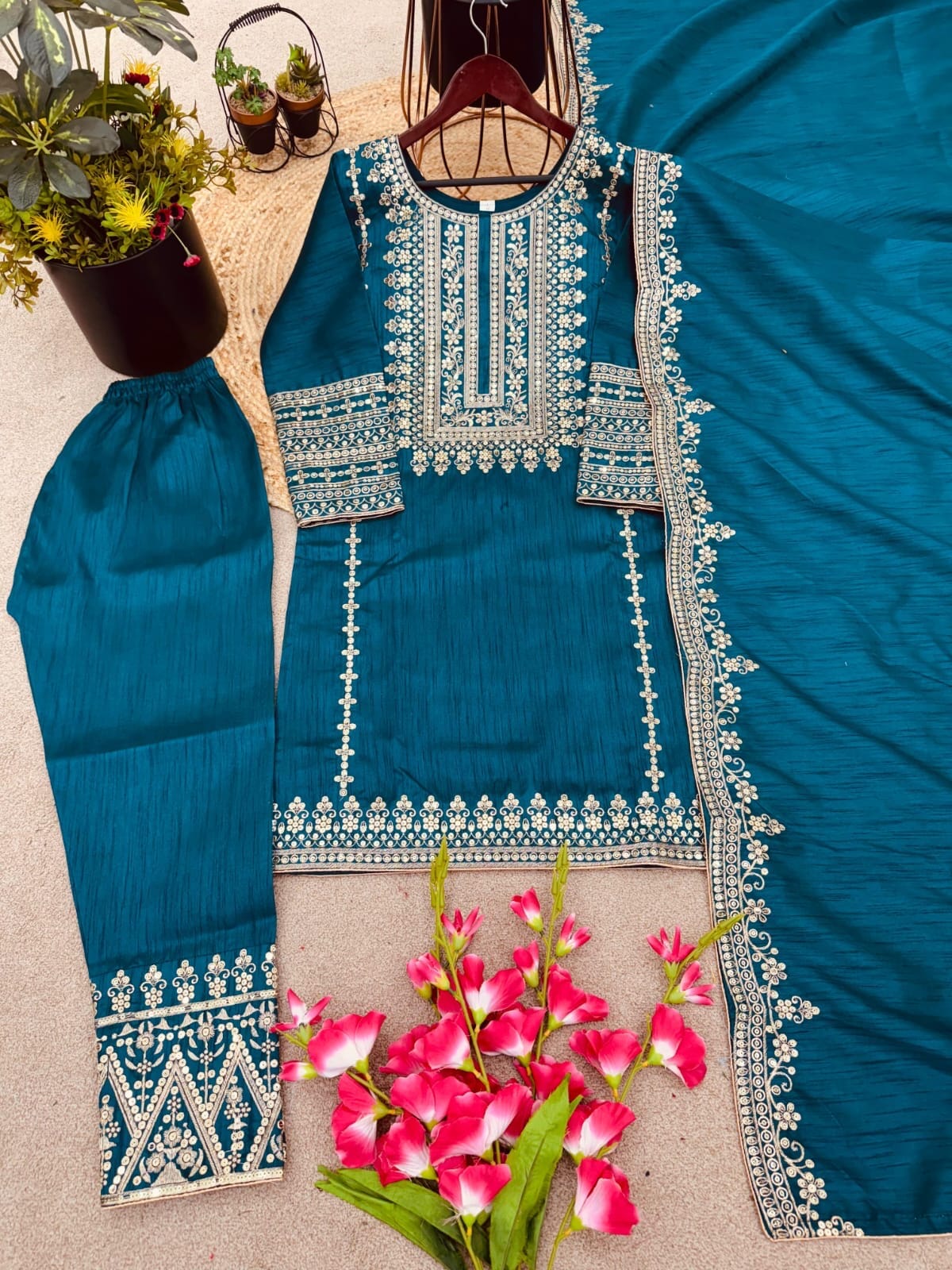 SRK 5151 Blue Pure Chinnon Silk Sequence work Straight Cut Readymade Suit Ready Made Designer Suits Shopin Di Apparels 