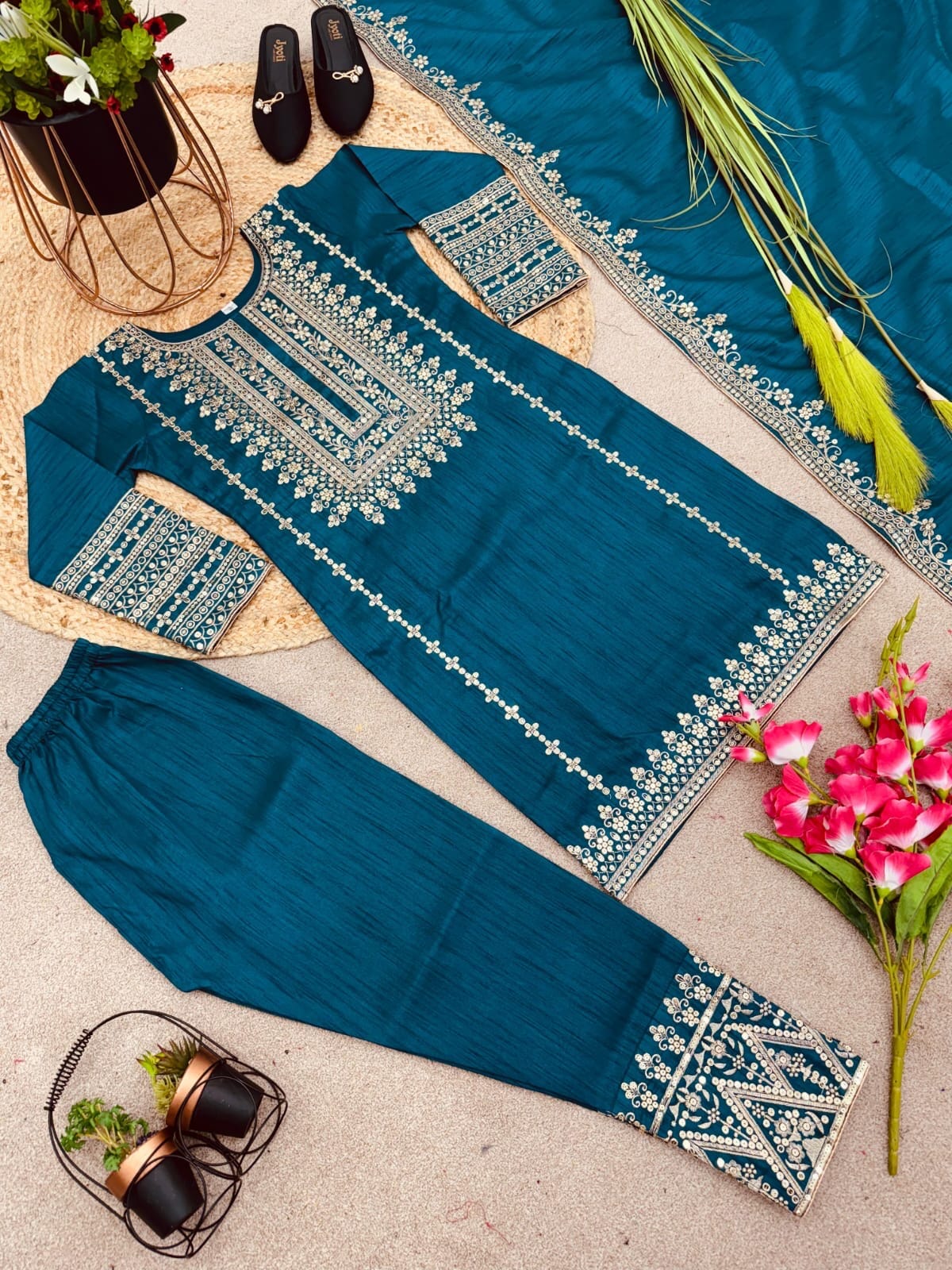 SRK 5151 Blue Pure Chinnon Silk Sequence work Straight Cut Readymade Suit Ready Made Designer Suits Shopin Di Apparels 