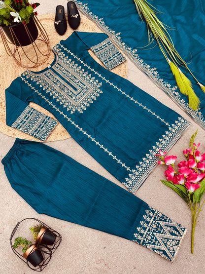 SRK 5151 Blue Pure Chinnon Silk Sequence work Straight Cut Readymade Suit Ready Made Designer Suits Shopin Di Apparels 