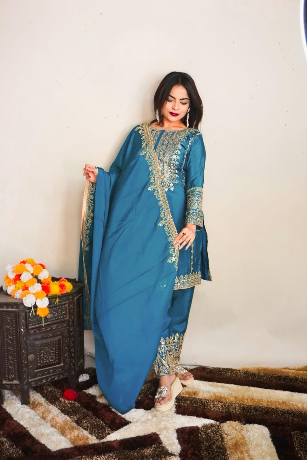 SRK 5151 Blue Pure Chinnon Silk Sequence work Straight Cut Readymade Suit Ready Made Designer Suits Shopin Di Apparels 