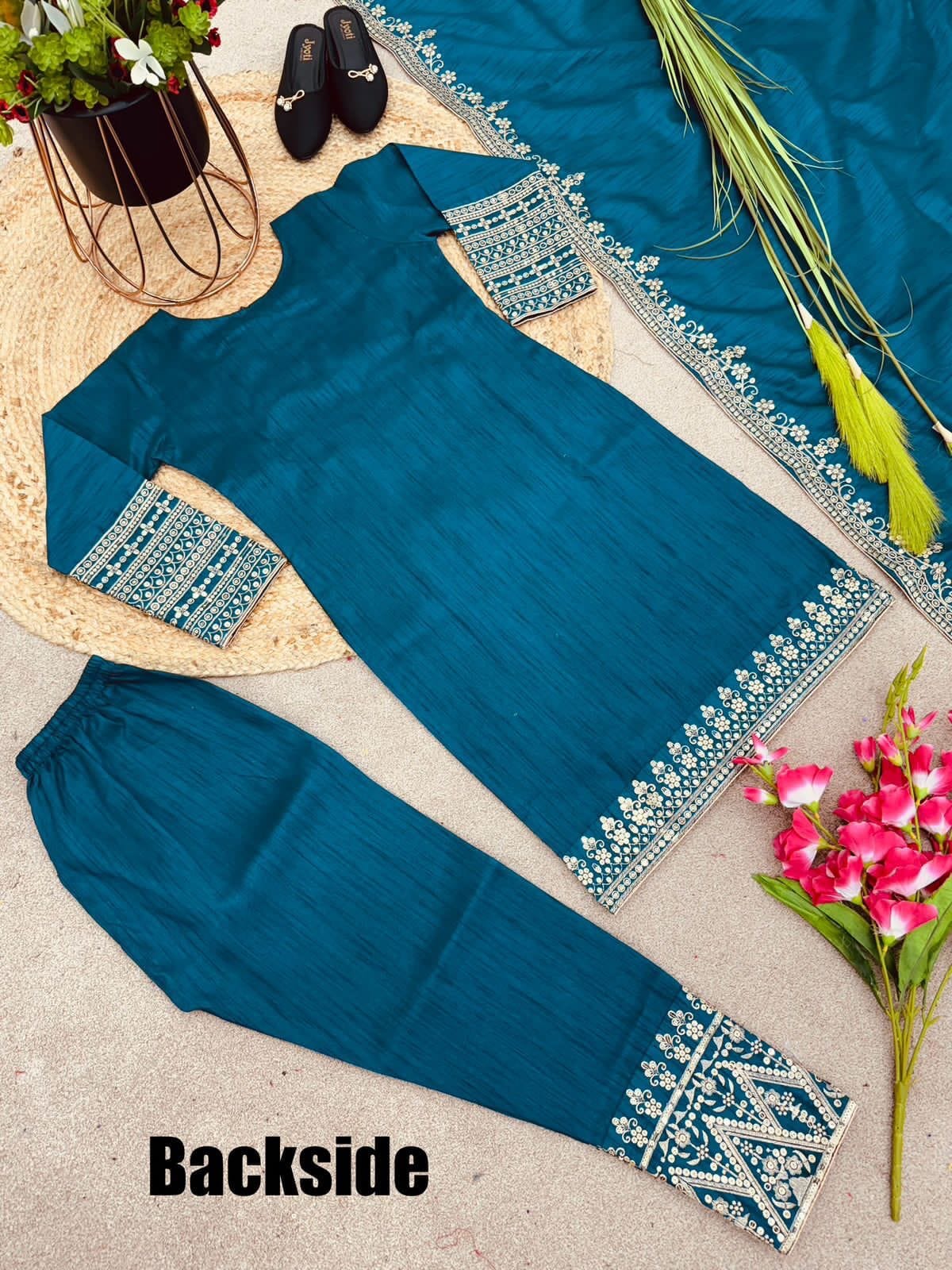 SRK 5151 Blue Pure Chinnon Silk Sequence work Straight Cut Readymade Suit Ready Made Designer Suits Shopin Di Apparels 
