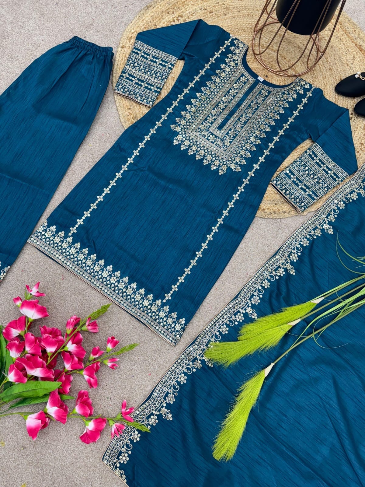 SRK 5151 Blue Pure Chinnon Silk Sequence work Straight Cut Readymade Suit Ready Made Designer Suits Shopin Di Apparels 