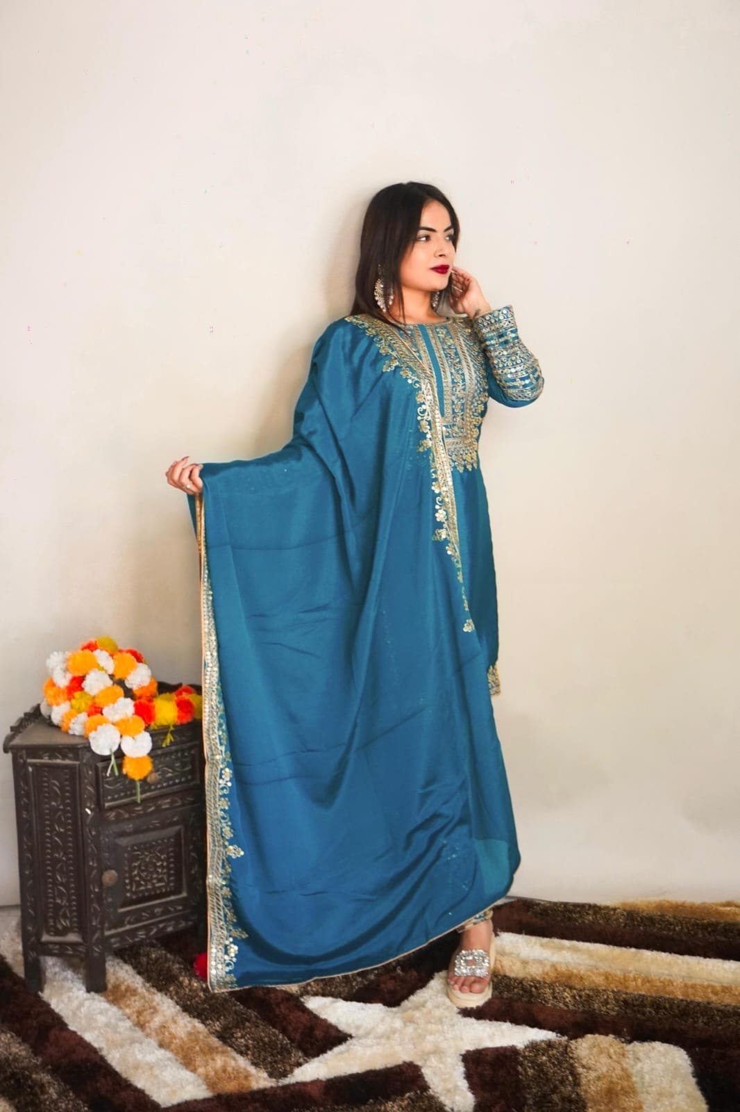 SRK 5151 Blue Pure Chinnon Silk Sequence work Straight Cut Readymade Suit Ready Made Designer Suits Shopin Di Apparels 