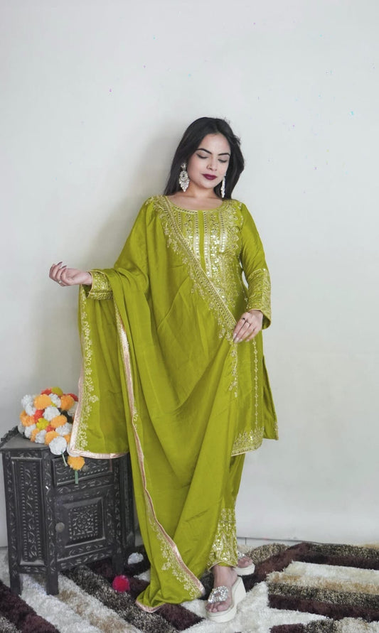SRK 5151 Olive Green Pure Chinnon Silk Sequence work Straight Cut Readymade Suit Ready Made Designer Suits Shopin Di Apparels 