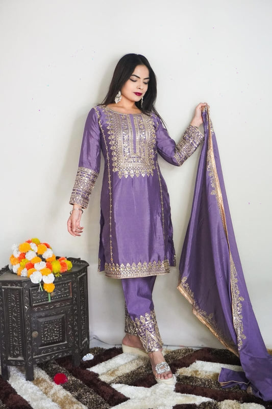 SRK 5151 Purple Pure Chinnon Silk Sequence work Straight Cut Readymade Suit Ready Made Designer Suits Shopin Di Apparels 