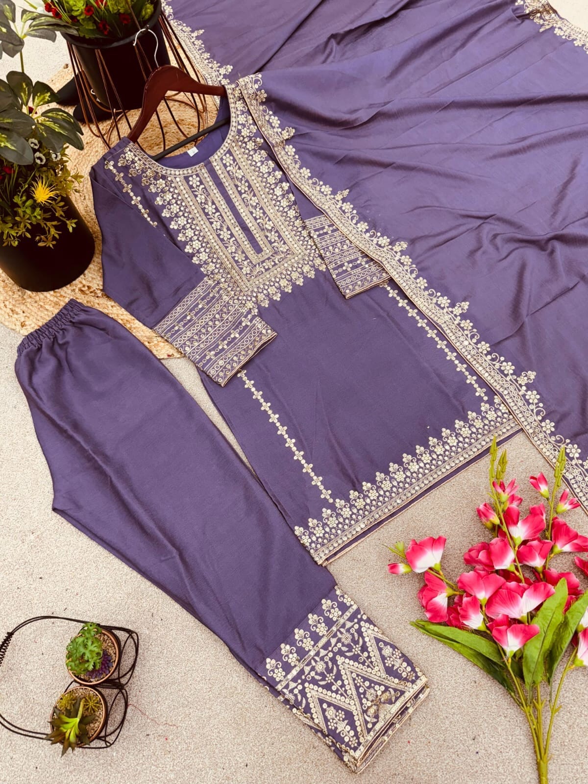 SRK 5151 Purple Pure Chinnon Silk Sequence work Straight Cut Readymade Suit Ready Made Designer Suits Shopin Di Apparels 