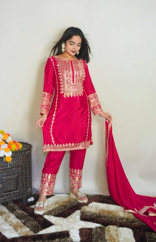 SRK 5151 Rani Pure Chinnon Silk Sequence work Straight Cut Readymade Suit Ready Made Designer Suits Shopin Di Apparels 