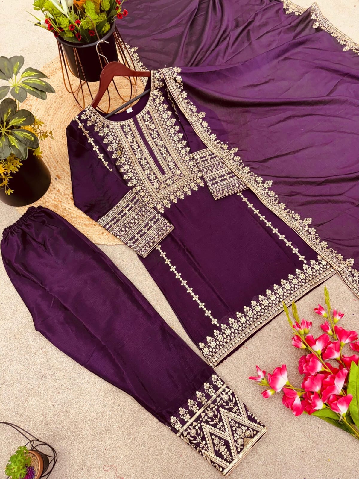 SRK 5151 Wine Purple Pure Chinnon Silk Sequence work Straight Cut Readymade Suit Ready Made Designer Suits Shopin Di Apparels 