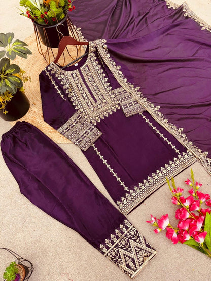 SRK 5151 Wine Purple Pure Chinnon Silk Sequence work Straight Cut Readymade Suit Ready Made Designer Suits Shopin Di Apparels 