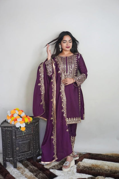 SRK 5151 Wine Purple Pure Chinnon Silk Sequence work Straight Cut Readymade Suit Ready Made Designer Suits Shopin Di Apparels 