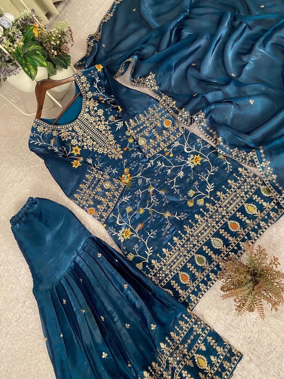 Teal Blue Designer Jimmy Choo Sequence Work Sharara suit Ready to Wear Designer Suits Shopin Di Apparels 