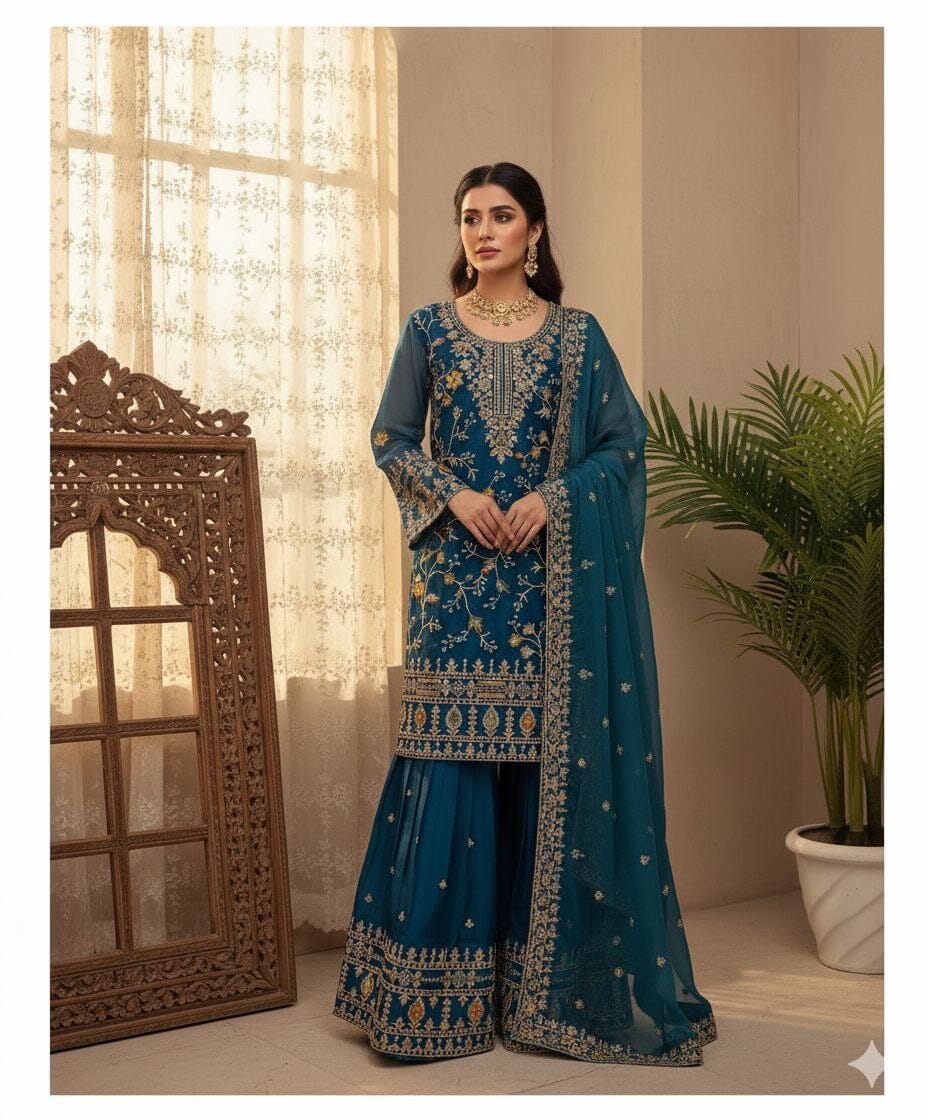 Teal Blue Designer Jimmy Choo Sequence Work Sharara suit Ready to Wear Designer Suits Shopin Di Apparels 