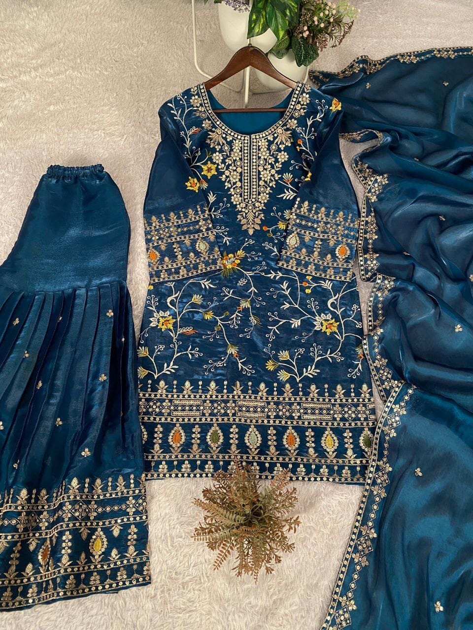 Teal Blue Designer Jimmy Choo Sequence Work Sharara suit Ready to Wear Designer Suits Shopin Di Apparels 