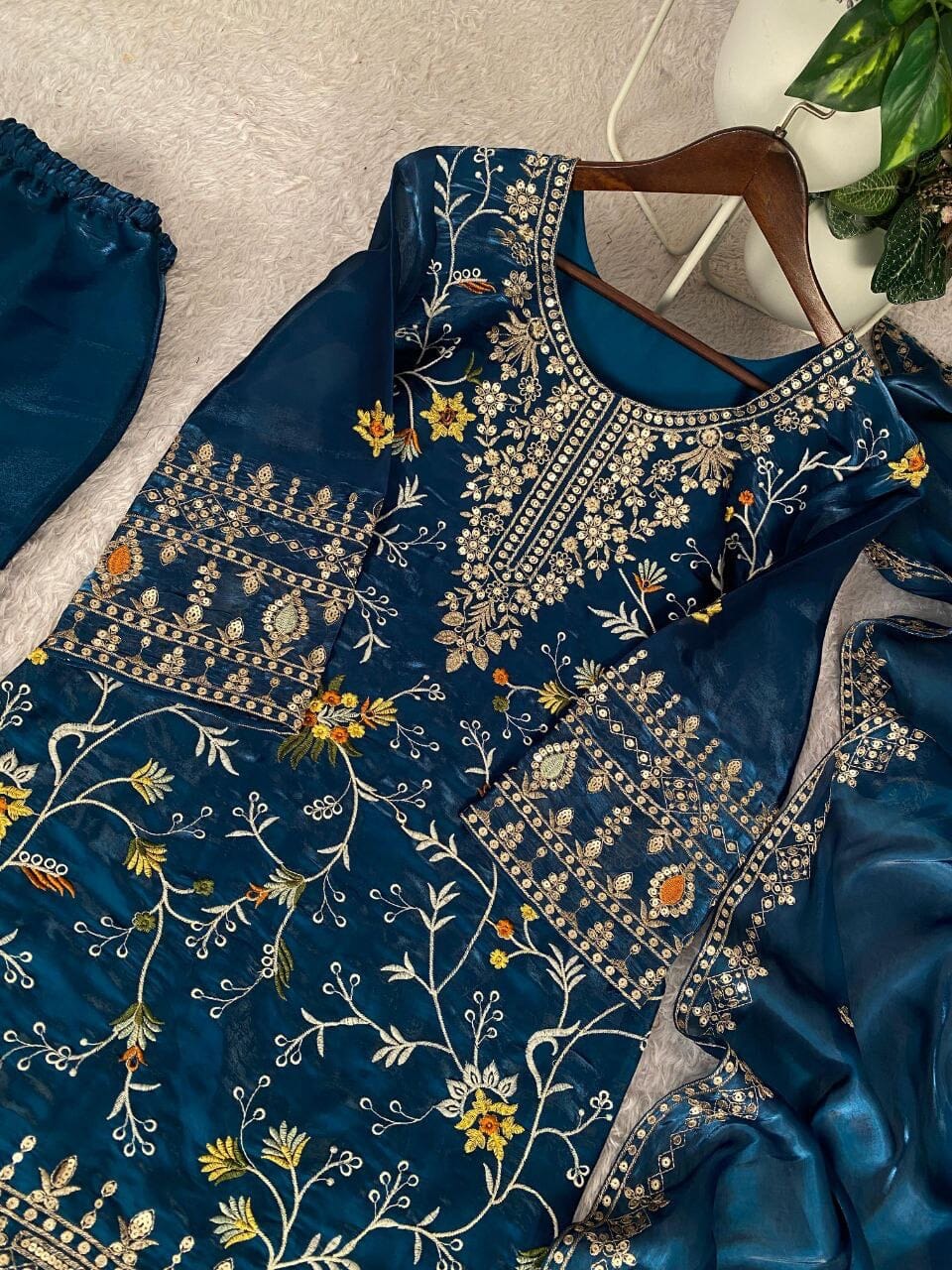 Teal Blue Designer Jimmy Choo Sequence Work Sharara suit Ready to Wear Designer Suits Shopin Di Apparels 