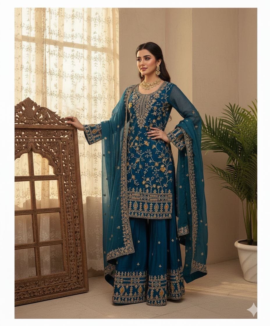 Teal Blue Designer Jimmy Choo Sequence Work Sharara suit Ready to Wear Designer Suits Shopin Di Apparels 