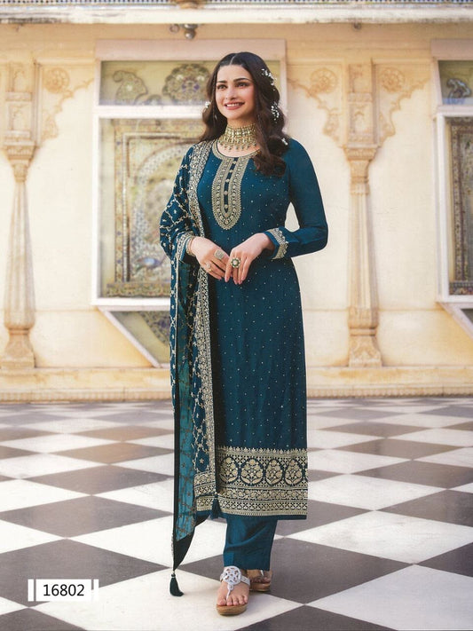 Teal Blue Heavy Dola Silk Designer Salwar Kameez Straight Cut Suit Designer Suits Vinay 