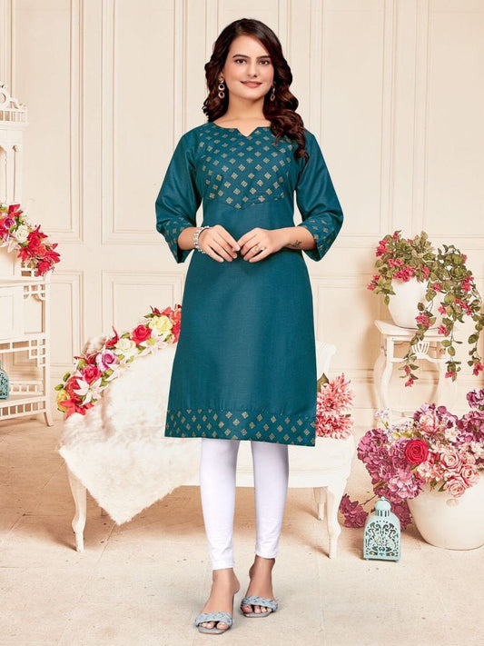 Turquoise Blue Cotton Kurti with Foil Print Kurti Shopin Di Apparels 