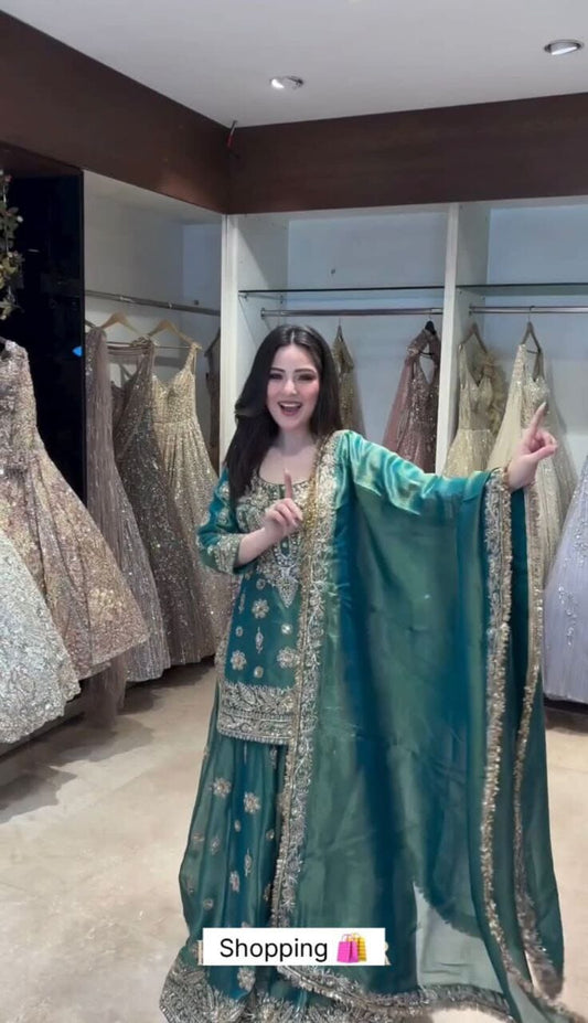 Turquoise Blue Sequence work Sharara Suit Ready to Wear Designer Suits Shopin Di Apparels 