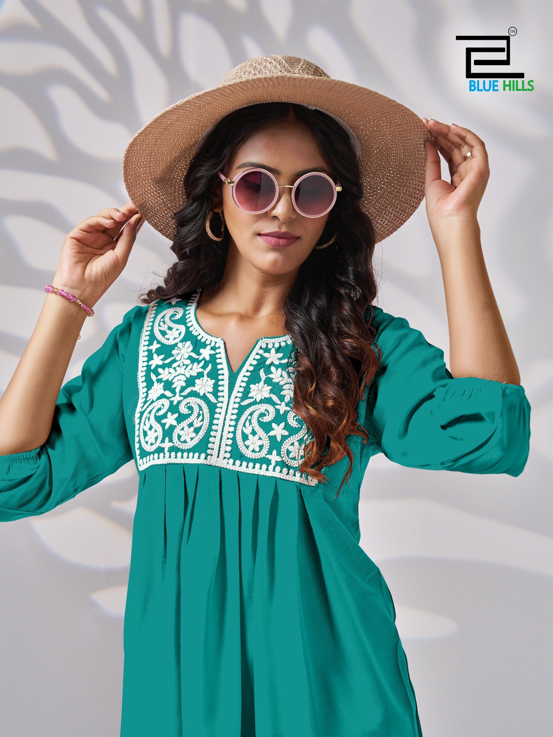 Turquoise White Embroidery Rayon Short Kurti Kurti Shopin Di Apparels 