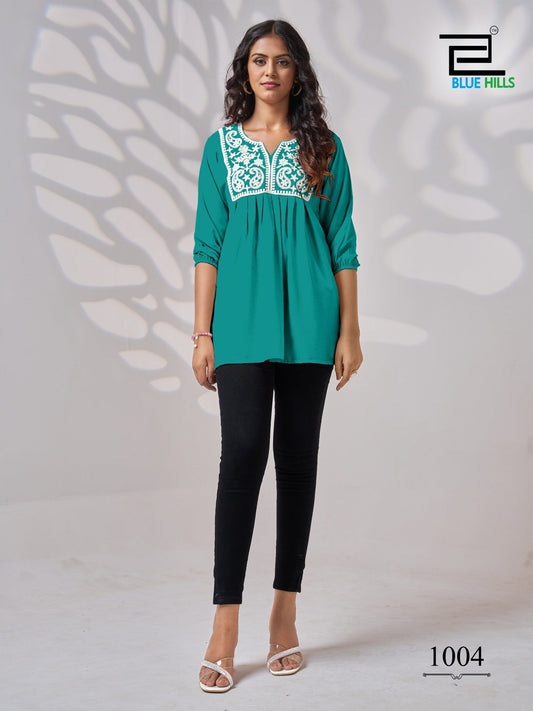 Turquoise White Embroidery Rayon Short Kurti Kurti Shopin Di Apparels 