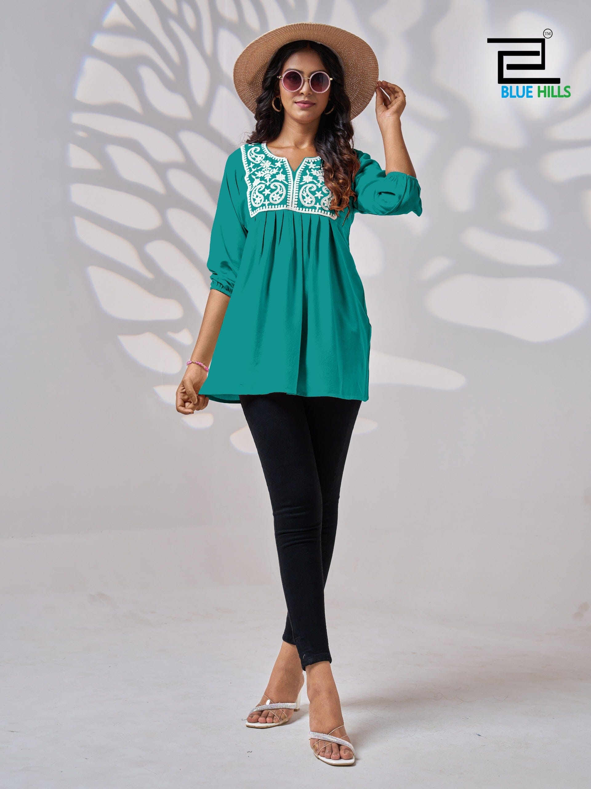 Turquoise White Embroidery Rayon Short Kurti Kurti Shopin Di Apparels 