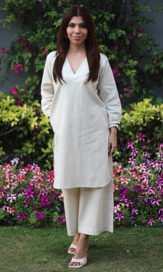 White Cotton Slub Monochrome Kurti with Palazzo Set Kurti with Plazzo Shopin Di Apparels 