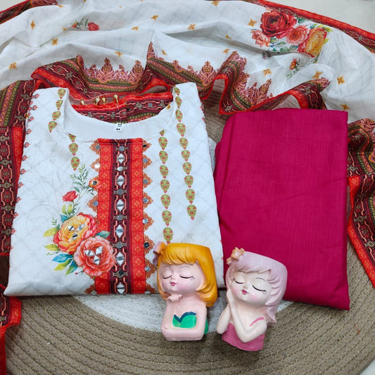 White Floral Print Mirror Work Chinon Plus Size Pakistani Designer Suit Ready to Wear Designer Suits Shopin Di Apparels 