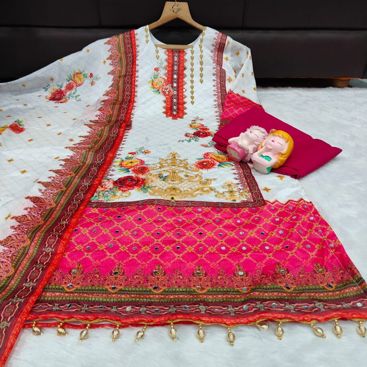 White Floral Print Mirror Work Chinon Plus Size Pakistani Designer Suit Ready to Wear Designer Suits Shopin Di Apparels 