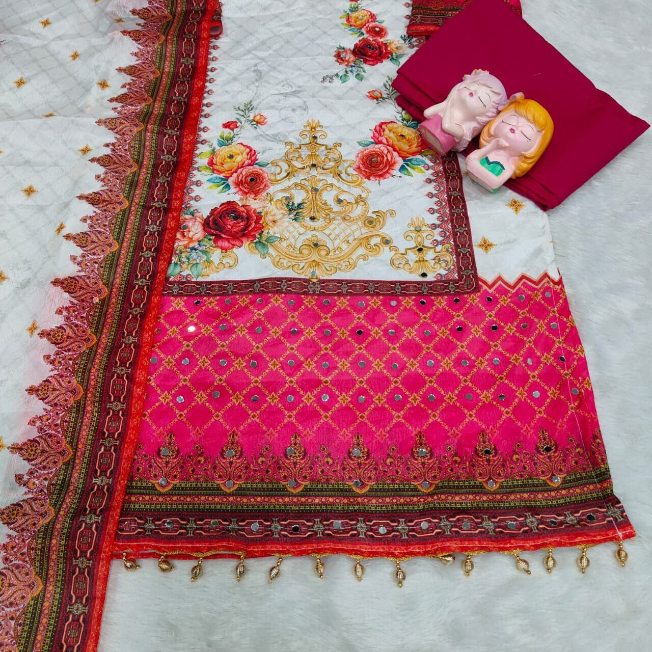 White Floral Print Mirror Work Chinon Plus Size Pakistani Designer Suit Ready to Wear Designer Suits Shopin Di Apparels 