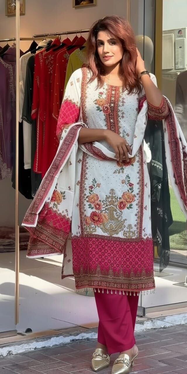 White Floral Print Mirror Work Chinon Plus Size Pakistani Designer Suit Ready to Wear Designer Suits Shopin Di Apparels 