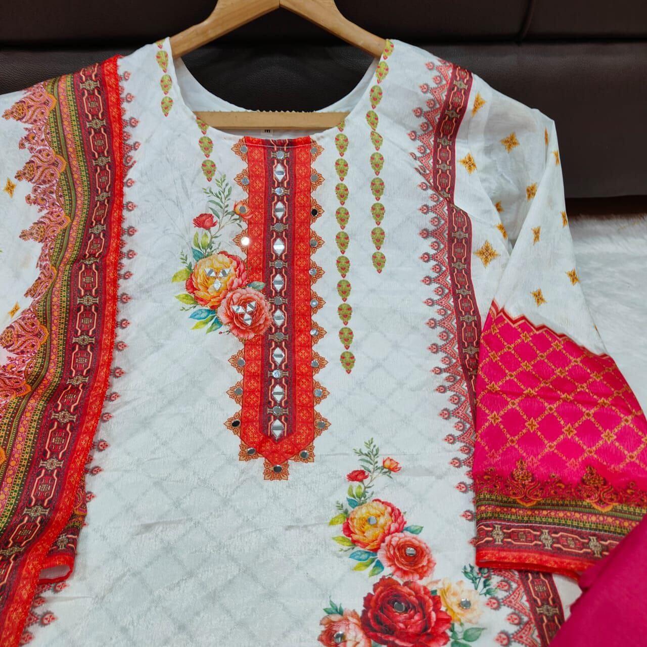 White Floral Print Mirror Work Chinon Plus Size Pakistani Designer Suit Ready to Wear Designer Suits Shopin Di Apparels 